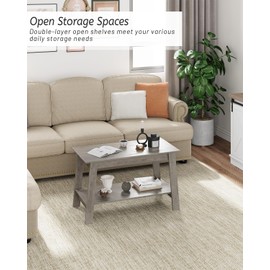 GarveeHome 2-Tie Coffee Table, Rustic Wood Living Room Tables with Open Rectangular Storage Compartment, Coffee Tables for Living Room, Outdoors, Home Office, Bedroom, Grey