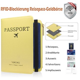 HNOOM Passport Cover, Premium PU Leather Passport Cover with RFID Blocker, 1 x Passport Organiser and 2 x Suitcase Tags, Protective Cover for Credit Cards, ID and Travel Documents, yellow, Minimalist