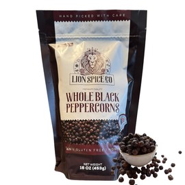 Lion Spice Co Recleaned Black Whole Peppercorn, Non-GMO, Gluten-Free, Resealable for Freshness, Bold & Aromatic for Grinder Refills, 6 Ounce, Pack of 1