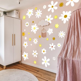 Boho Daisy Floral Wall Decals 9 Sheets White Gold Flower Stickers for Living Room Bedroom Boho Style Home Wall Decor (Daisy Flower)