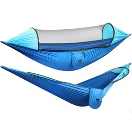 G4Free Large Camping Hammock with Mosquito Net 2 Person Pop-up Parachute Lightweight Hanging Hammocks Tree Straps Swing Bed for Outdoor Backpacking Backyard Hiking (Blue/Light Blue)