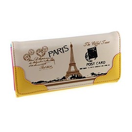 Vintage Style PU Leather Cute Paris Effiel Tower Cartoon Trifold Wallet Cash Coin Long Purse Card Holder for Women & Girls (Yellow)