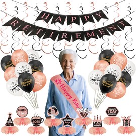 35PCS Rose Gold Retirement Party Decorations Set – Balloons, Miss Ribbon, Honeycomb Centerpieces, Glitter Bunting & Spiral Pendants