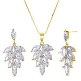 AMYJANE Cubic Zirconia Wedding Jewelry Set Sterling Silver CZ Crystal Rhinestone Floral Leaf Cluster Earrings for Women Leaves Pendants Necklace Dangle Earrings Costume Jewelry Gifts for Bridal Girls