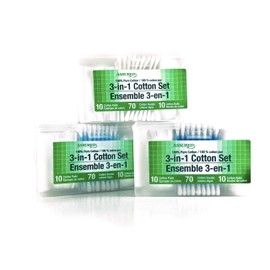 ASSURED 3-in-1 Cotton Set - Cotton Pads, Swabs & Balls - 3 Sets - Blue/White/Purple (90 Items) - 3 Ct