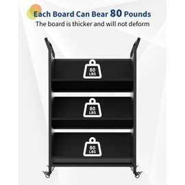 GarveeHome Book Cart, V-Shaped Metal Rolling Cart with 4 Lockable Wheels & Side Hooks, 3-Tier Storage Bookshelf for Home Library School Office Study(32''x14''x49''), Black