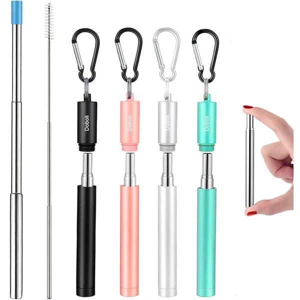 4 Pack Reusable Metal Straws Collapsible Stainless Steel Drinking Straw