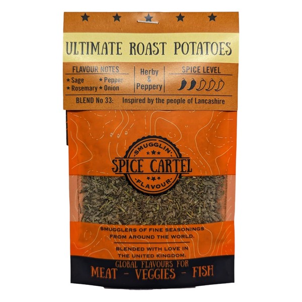 Spice Cartel's Ultimate Roast Potatoes. Artisanal Herb & Spice Blend Inspired by The Great British Roast. 35g Resealable Pouch. Hand Made with Love in The UK.