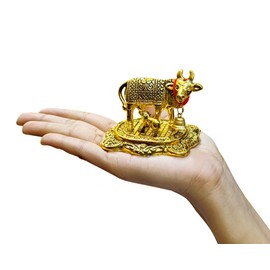 NOBILITY Pooja Items Diwali Gift Golden Small Kamdhenu Cow with Calf Metal Statue Decorative Item Showpiece for Home Office Decoration Wedding Return Gifts