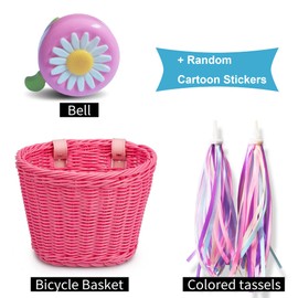 Bike Basket Kid Bicycle Basket Bike Accessories, 1pc Bicycle Bell with Stickers, 1pc Kid Bicycle Front Basket and 1pairs Colorful Ribbons Tassels Decoration for Girl Boy (Pink)