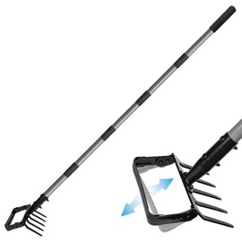 Suchtale 82 Inch Stirrup Hoe and 5-Tines Rake, Action Hoe for Weeding, 2 in 1 Scuffle Hoe with 37-82" Adjustable Handle, Cultivator for Loosening Soil, Loop Hoe for Garden Weeding and Planting