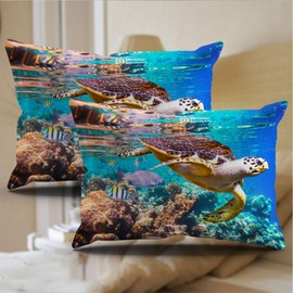 BNREDA Turtle Bed Linen 135 x 200.3D Underwater World Bedding Set, Dolphin, Tropical Fish, Coral, Sea Life Duvet Cover, Blue Underwater World Duvet Cover for Children (A, 100 x 135 cm)