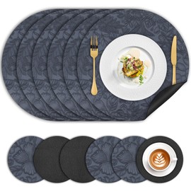 Table Mats Set of 6, Round Leather Floral Placemats and Coasters Heat-Resistant Waterproof Non Slip, Wipeable Washable Dual Sided Place Mat 34cm Easy to Clean for Kitchen Dinning Restaurant,Blue Black