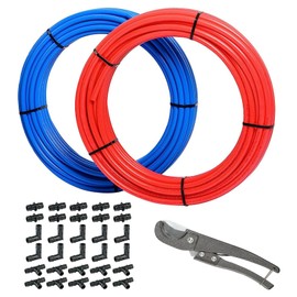HeSun 1/2 Inch PEX-B Pipe, 2x100FT Pex B Tubing with 30PCs 1/2" PPSU Poly Pex Fittings: Elbow&Coupling&Tee(10 Each),Pipe Cutter,200 Feet in Red&Blue
