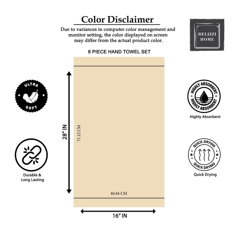 Belizzi Home Ultra Soft 6-Piece Hand Towel Set 16x28-100% Ringspun