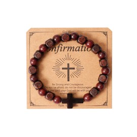 Eigso Stainless Steel Cross Link Bracelet for Men Women Christian Religious Red Sandal Wood Beaded Charm Wristband for Man Woman