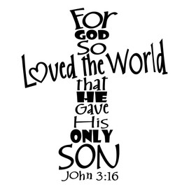 John 3:16 Christian Bible Verse, Cross Wall Art Decal, 20" W x 24" H Black, Religious Home Decor