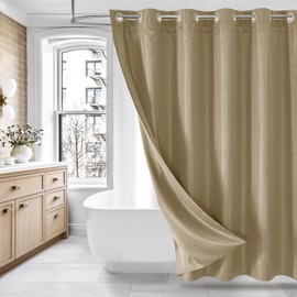 MitoVilla No Hooks Needed Extra Long Shower Curtain Liner Set, Beige 86 inch XL Heavyweight Waffle Fabric Cloth Shower Curtains Set with Snap-in Liner for Modern Luxury Hotel & Spa Bathroom Decor