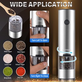 Stainless Steel Electric Salt and Pepper Grinder Set Stainless Steel Spice Grinder Automatic Pepper Mills with Easy-to-Carry Dual Charging Station, White Led Light, and Adjustable Coarseness, Silver