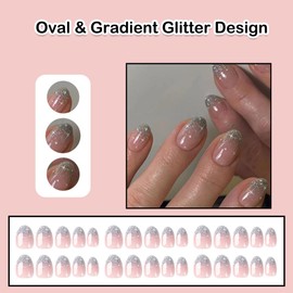 ANDGING Oval Press on Nails Short Ombre Silver Fake Nails with Gradient Glitter Design False Nails with Glue Acrylic Glue on Nails for Women Girls Gel Stick on Nails for Wedding Birthday 24Pcs DL1188