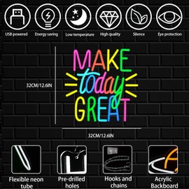 Make Today Great Neon Sign for Wall Decor, Inspirational Colorful Letter Neon Light, Dimmable Motivational Word Led Light Up Sign for Classroom, Cafe, Wedding Party,Birthday Wall Decor