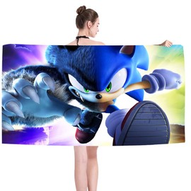 LGQHCE Soniic Beach Towel,Soniic Bath Towel Kids Pool Towel Printed Children's Bath Sheets Camping Towels Super Soft Absorbent Durability Beach Blanket Pool Travel Shower Towel Teens Adults Daily Use