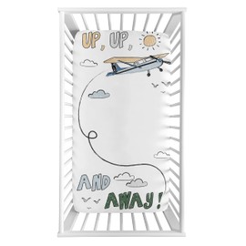 Sweet Jojo Designs Vintage Airplane Boy Baby Fitted Crib Sheet Photo Op Infant Newborn Nursery Toddler Bed Room Standard Mattress Grey Green Blue White Yellow Airplanes Plane Transportation Clouds Sun