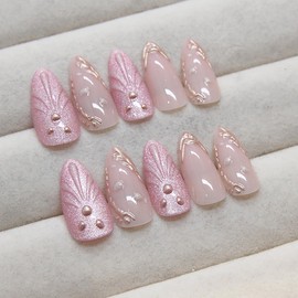 24Pcs Handmade Press on Nails Medium Almond Fake Nails 3D Shell Gold Tip with Pearl Charms Glitter Design Full Cover Glue on Nails Chrome Stick on Nails Pink False Nails for Women Acrylic Nails