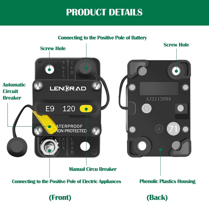 LENKRAD 120 Amp Marine Circuit Breaker Resettable 120A with Manual
