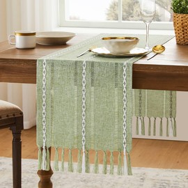 YZJZEDS Hemstitched Farmhouse Table Runner, Sage Green 13x48 Inch, Cotton Linen Table Runners 48 Inches Long, Embroidered Striped Sage Green Boho Table Runner Rustic Home Decor