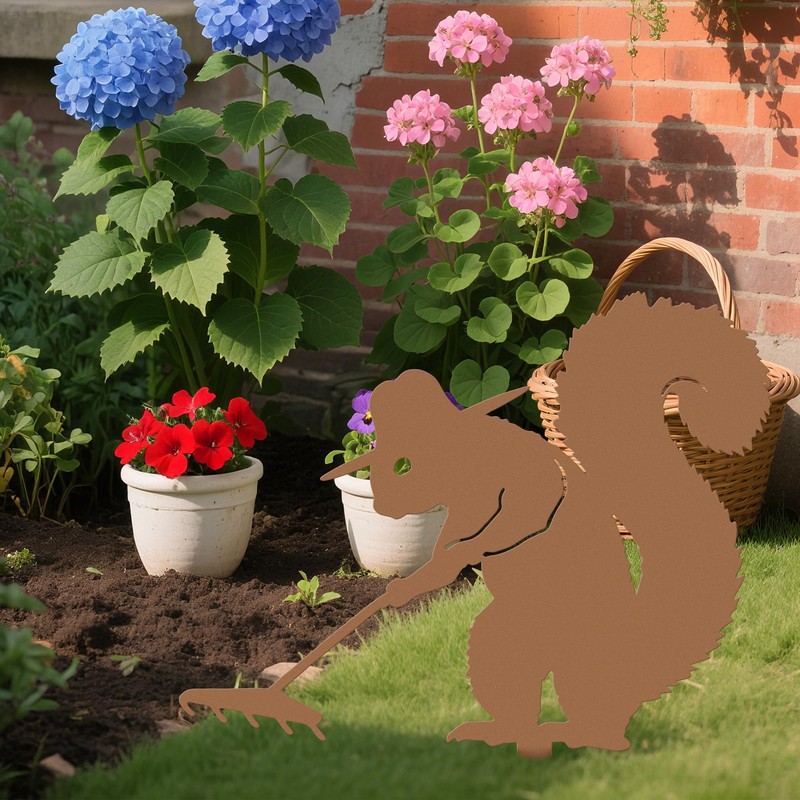 Rustic Raking Squirrel Metal Garden Stake, Funny Patio Decor