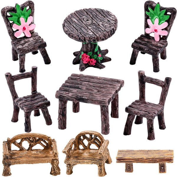 9 Pieces Miniature Table and Chairs Set Garden Furniture Ornaments Mini Decorative Resin Floral Table Chair Micro Landscape Decoration for Landscape Garden Decoration Accessories Supplies