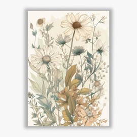 Spiffing Prints Whispering Botanicals No.7 – Botanical Flower Print with Ochre and White Daisies - Medium - Unframed