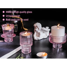 Hitopin 3 Pieces Glass Candle Holder, Taper Glass Candlestick Holders, Tealight Candle Holders, Candle Holders for Table Centerpieces, for Wedding Decor and Dinner Party, Shelf Decor (Pink)