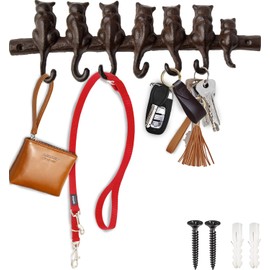 Comfify 7 Cats Cast Iron Wall Mounted Hanger Rack - Decorative Cast Iron Wall Hook Rack - Vintage Design Hanger with 7 Hooks - Wall Mounted | 12.4 x 3.9”- with Screws and Anchors | Rustic Brown Color