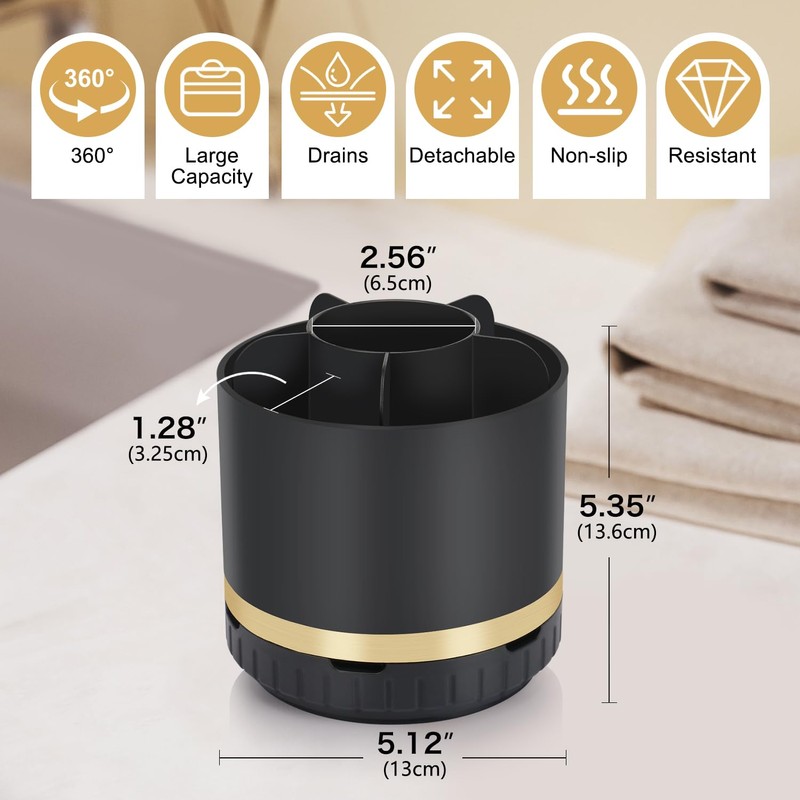 GFWARE Bathroom Organizer Countertop - Rotating Black Toothbrush Holder for