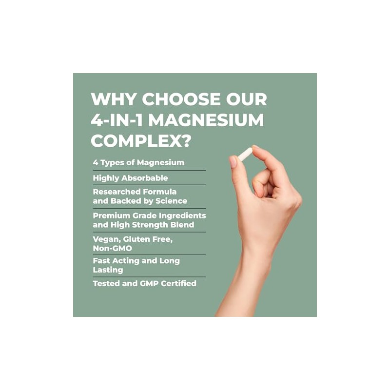 Magnesium Glycinate Capsules 1300mg | 4-in-1 Complex | 8 Hour