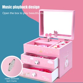 ProttyLife Jewelry Box, Wooden Storage Box with Light, 3 Pull Out Drawers, for Girls Women, Music, CS20005, Square, Antique, 5.6x6.0x5.4 inches