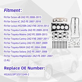 Head Gasket Bolts Set Fit for Toyota Camry Corolla RAV4 Solara Highlander Matrix for xB tC for HS250h 2004 2005 2006 2007 2008 2009 2010 2011 2012 2013 2014 2015 2.4L 2AZFE OE#HS26323PT ES72249-2