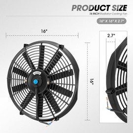 DNA MOTORING 16Inch Electric Radiator Cooling Fan Thermostat Wiring Switch Relay Kit, Universal High Performance Slim Fan Push Pull Electric Radiator with Mount Kit, RAF-16+SW-KIT