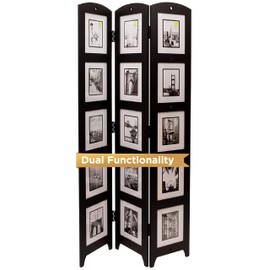 Kiera Grace 3-Panel Photo Collage Room Divider and Privacy Screen, Picture Frames Hold 15 Photos of 5" x 7" Size, Ideal for Office and Home Decor, Fully Assembled, 33.75" L x 0.75" W x 64" H, Black