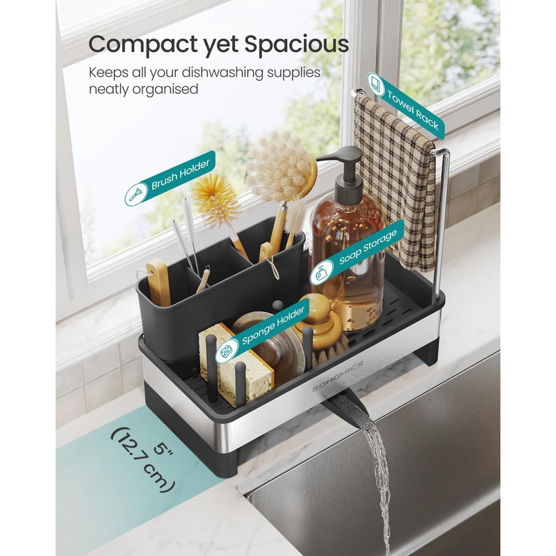 SONGMICS Kitchen Sink Caddy Tidy, Sink Organiser with Sponge Holder,