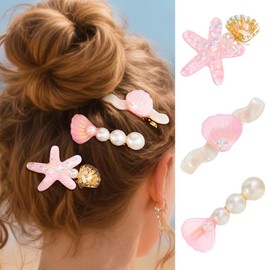 HEREAD Starfish Hair Accessories Pink Seashell Hair Barrettes Pearl Gold Clips for Women and Girls (Pack of 3) (Pink)