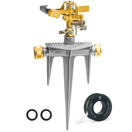 Morvat 1/2 Inch Brass Impact Sprinkler, Adjustable 0-360 For Watering Lawn, Yard & Garden, Extra Thick Aluminum Spike Base With Brass Connections, 49FT Spray Distance, Includes Teflon Tape And Washers