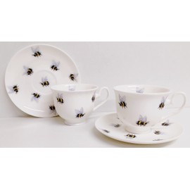 Rainbow Decors Bees 2 Tea Cups 2 Saucers Fine Bone China Bumblebee Hand Decorated UK, White, One Size