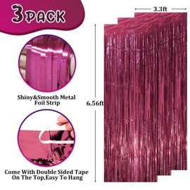 Voircoloria 3 Pack 3.3 x 8.2 ft Burgundy Foil Fringe Backdrop Curtains, Tinsel Streamers Party Decorations, Fringe Backdrop, Door Shimmer for Graduation, 70s, 80s, 90s Party