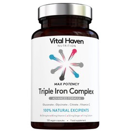Complex Triple Action Formula - Iron Glycinate + Iron Citrate + Iron Gluconate and Non-Acid Vitamin C with Ginger for Maximum Absorption - Max Potency - Premium Ingredients - Vegan - Made in The UK