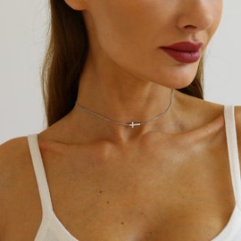 Mauzew White Gold Cross Pendant Necklaces for Women Simple Tiny Sideways Cross Choker Necklaces Dainty Gold Chain Necklace Minimalist Layering Necklace Everyday Jewelry