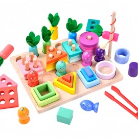 Bajoy 4-in-1 Montessori Educational Toy, Early Development, Fingertip Fishing Toy, Tongue Practice, Stick Through, Inset Shapes, Multi-functional, Large Piece Size, Non-Swallowing Wooden Toy, 3, 4, 5