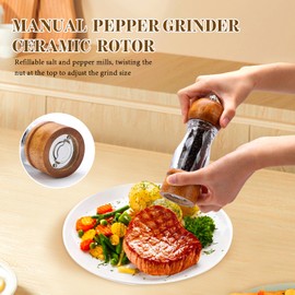 Dzmbv 2 Pcs Vintage Wooden Pepper Mill Grinder Set with Base - 6.3 inches Acrylic Salt & Pepper Shakers with Adjustable Coarseness, Refillable Manual Ceramic Core Grinder for Kitchen, Home, Gift